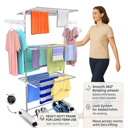 Single-Pole Stainless Steel 3-Tier Cloth Drying Stand with Wheels | Rustproof & Portable Laundry Rack (White)