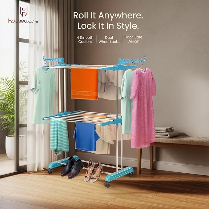 Heavy Duty Stainless Steel 2-Tier Cloth Drying Stand with Wheels | Rustproof & Portable Double Pole Laundry Rack (Blue)