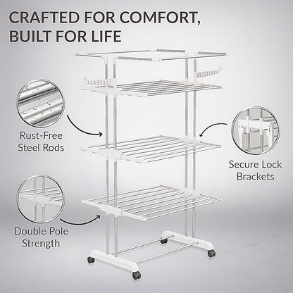 Heavy Duty Stainless Steel 4-Tier Cloth Drying Stand with Wheels | Rustproof & Portable Laundry Rack