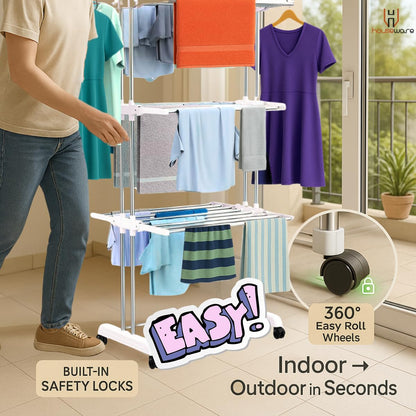 H Houseware Foldable Cloth Drying Stand Stainless Steel 3 Tier Heavy-Duty Clothes Dryer Indoor & Outdoor Use with Wheels & Hanger Slots Rust-Proof Laundry Rack (White)