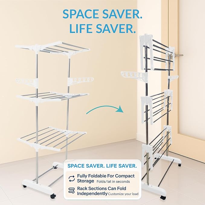 Single-Pole Stainless Steel 3-Tier Cloth Drying Stand with Wheels | Rustproof & Portable Laundry Rack (White)