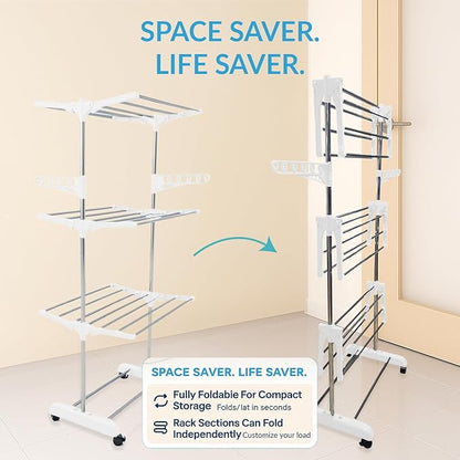 Single-Pole Stainless Steel 3-Tier Cloth Drying Stand with Wheels | Rustproof & Portable Laundry Rack (White)