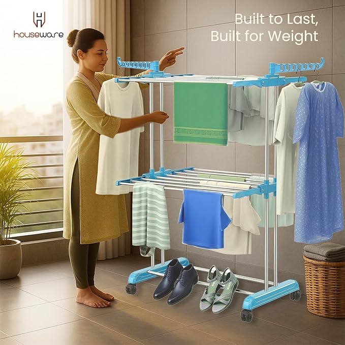 Heavy Duty Stainless Steel 2-Tier Cloth Drying Stand with Wheels | Rustproof & Portable Double Pole Laundry Rack (Blue)
