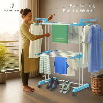 Heavy Duty Stainless Steel 2-Tier Cloth Drying Stand with Wheels | Rustproof & Portable Double Pole Laundry Rack (Blue)