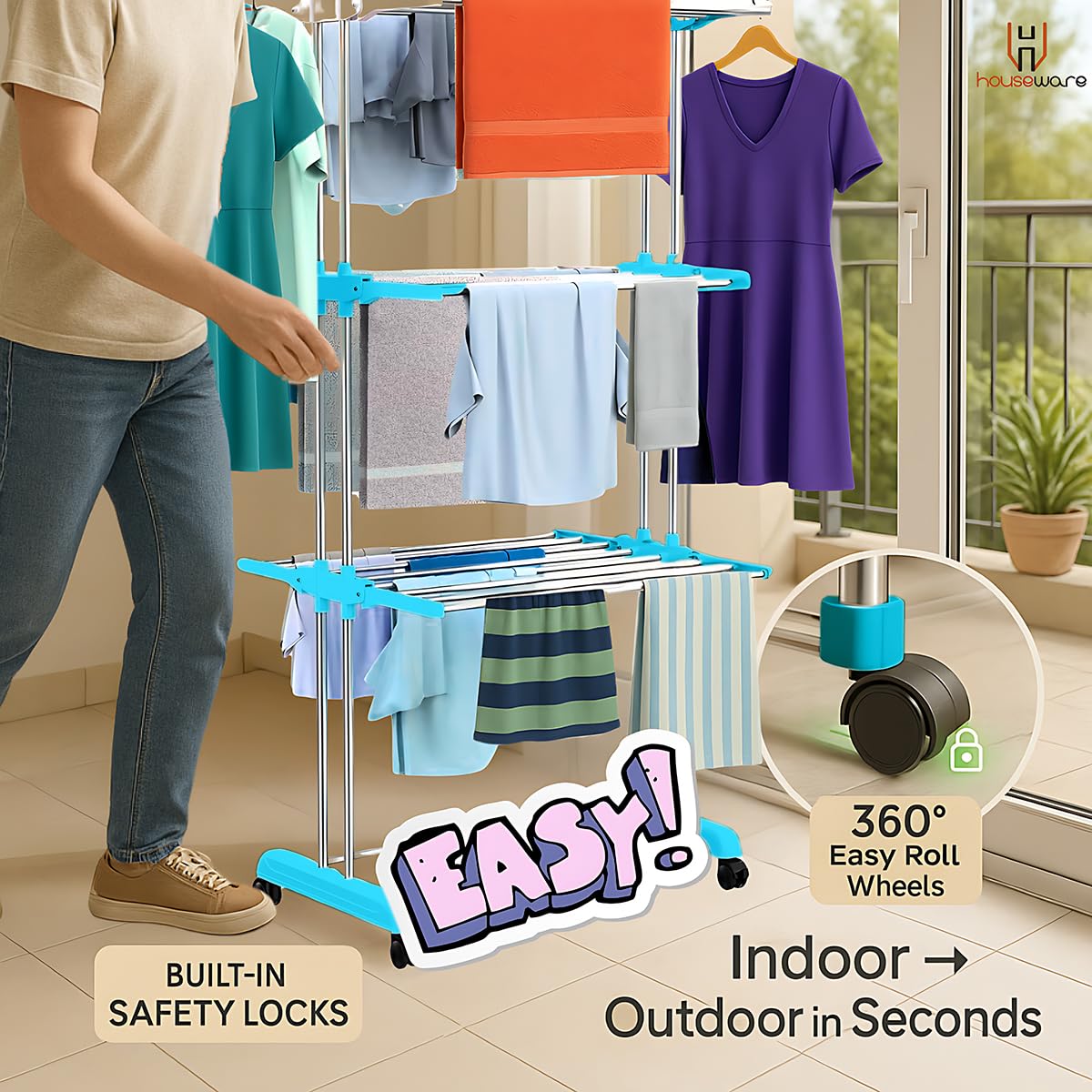 H Houseware Foldable Cloth Drying Stand Stainless Steel 3 Tier Heavy-Duty Clothes Dryer for Balcony Indoor & Outdoor Use with Wheels & Hanger Slots Rust-Proof (Blue)