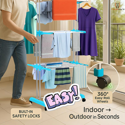 H Houseware Foldable Cloth Drying Stand Stainless Steel 3 Tier Heavy-Duty Clothes Dryer for Balcony Indoor & Outdoor Use with Wheels & Hanger Slots Rust-Proof (Blue)