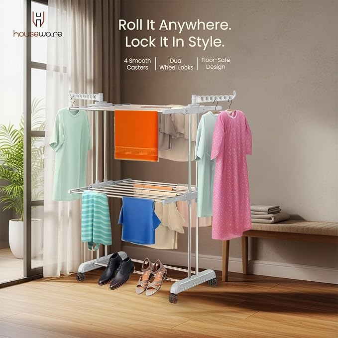 Heavy Duty Stainless Steel 2-Tier Cloth Drying Stand with Wheels | Rustproof & Portable Laundry Rack (White)