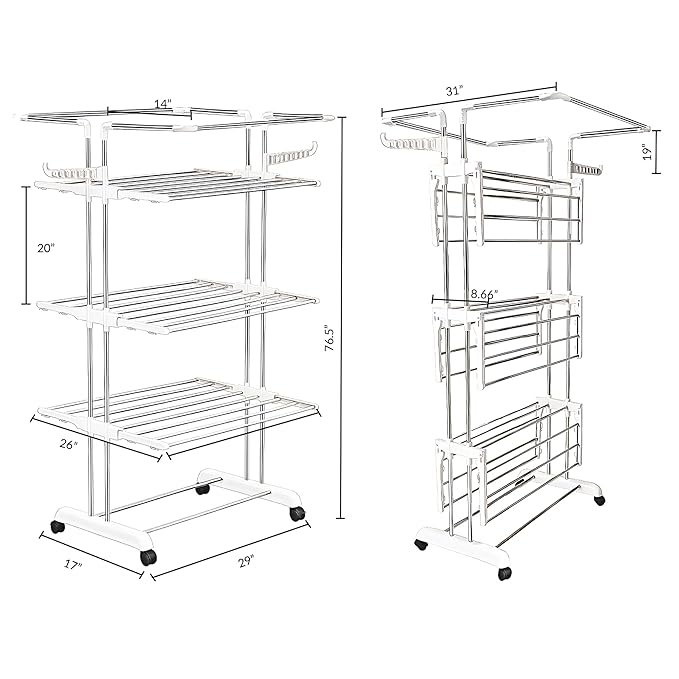 Heavy Duty Stainless Steel 4-Tier Cloth Drying Stand with Wheels | Rustproof & Portable Laundry Rack