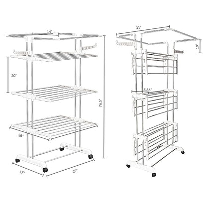 Heavy Duty Stainless Steel 4-Tier Cloth Drying Stand with Wheels | Rustproof & Portable Laundry Rack