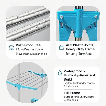 Single-Pole Stainless Steel 3-Tier Cloth Drying Stand with Wheels | Rustproof & Portable Laundry Rack (Sky Blue)