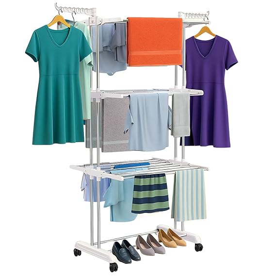 Foldable Cloth Drying Stand Stainless Steel – 3 Tier Heavy-Duty Clothes Dryer for Balcony (White)