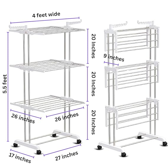 Foldable Cloth Drying Stand Stainless Steel – 3 Tier Heavy-Duty Clothes Dryer for Balcony (White)