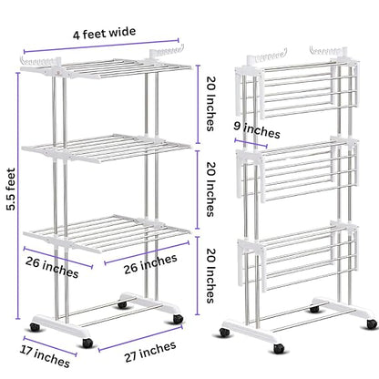 Foldable Cloth Drying Stand Stainless Steel – 3 Tier Heavy-Duty Clothes Dryer for Balcony (White)