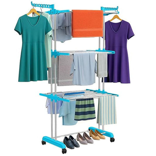 Foldable Cloth Drying Stand Stainless Steel – 3 Tier Heavy-Duty Clothes Dryer for Balcony (Blue)