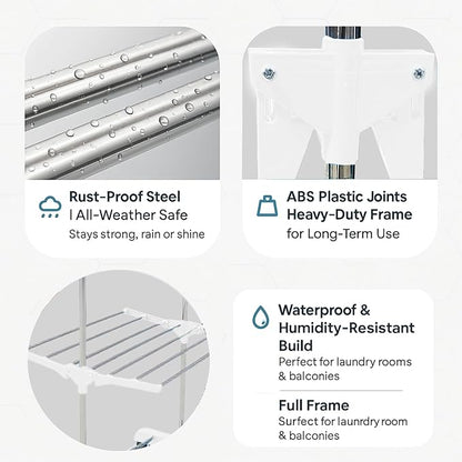 Single-Pole Stainless Steel 3-Tier Cloth Drying Stand with Wheels | Rustproof & Portable Laundry Rack (White)