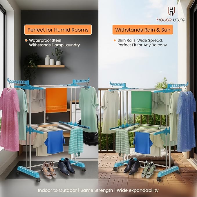 Heavy Duty Stainless Steel 2-Tier Cloth Drying Stand with Wheels | Rustproof & Portable Double Pole Laundry Rack (Blue)