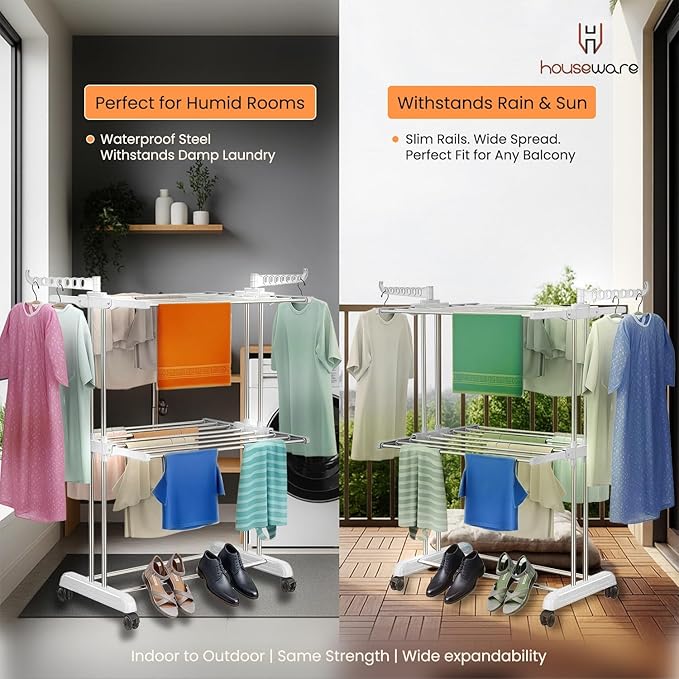 Heavy Duty Stainless Steel 2-Tier Cloth Drying Stand with Wheels | Rustproof & Portable Laundry Rack (White)