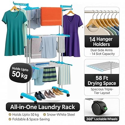 Foldable Cloth Drying Stand Stainless Steel – 3 Tier Heavy-Duty Clothes Dryer for Balcony (Blue)