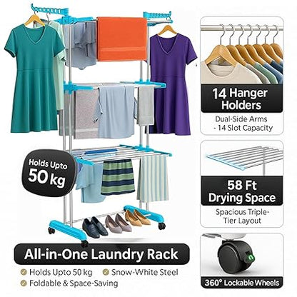 Foldable Cloth Drying Stand Stainless Steel – 3 Tier Heavy-Duty Clothes Dryer for Balcony (Blue)