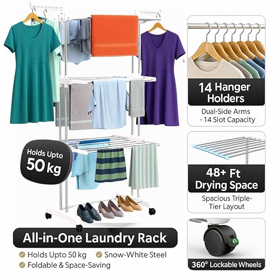 Foldable Cloth Drying Stand Stainless Steel – 3 Tier Heavy-Duty Clothes Dryer for Balcony (White)