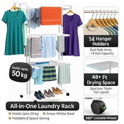 Foldable Cloth Drying Stand Stainless Steel – 3 Tier Heavy-Duty Clothes Dryer for Balcony (White)