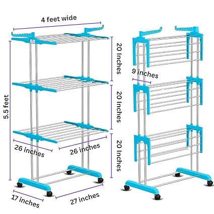 Foldable Cloth Drying Stand Stainless Steel – 3 Tier Heavy-Duty Clothes Dryer for Balcony (Blue)