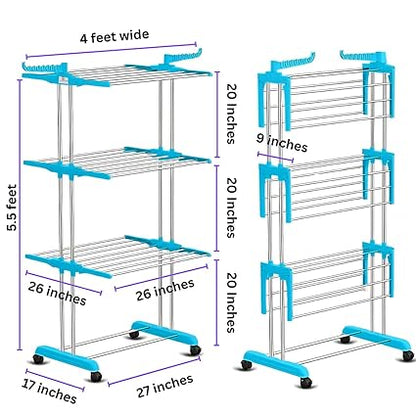 Foldable Cloth Drying Stand Stainless Steel – 3 Tier Heavy-Duty Clothes Dryer for Balcony (Blue)