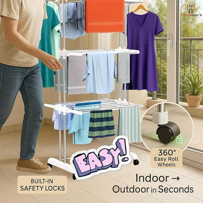 Foldable Cloth Drying Stand Stainless Steel – 3 Tier Heavy-Duty Clothes Dryer for Balcony (White)
