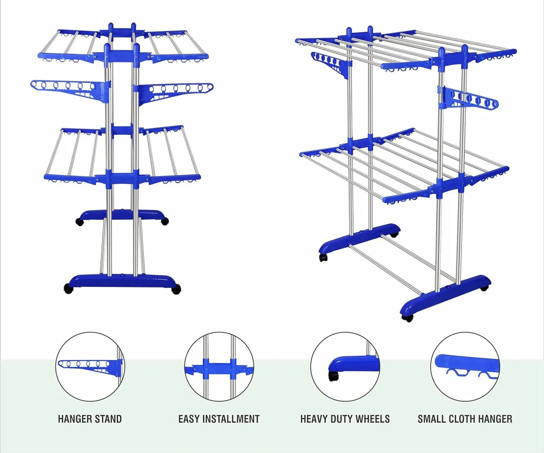 H Houseware Stainless Steel Double Pole 2 Layer Cloth Drying Stand For Balcony (2 Tier Cloth Stand)