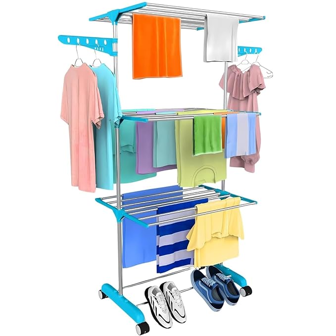 Single-Pole Stainless Steel 3-Tier Cloth Drying Stand with Wheels | Rustproof & Portable Laundry Rack (Sky Blue)