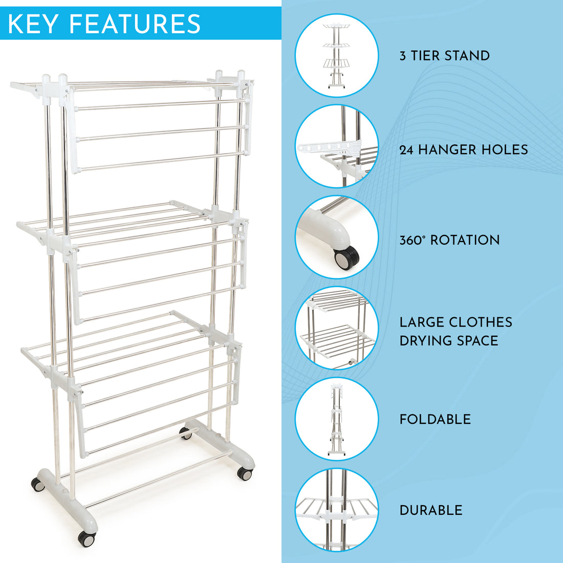 H Houseware Premium Heavy Duty Stainless Steel Foldable Cloth Drying Stand (Pearl White)