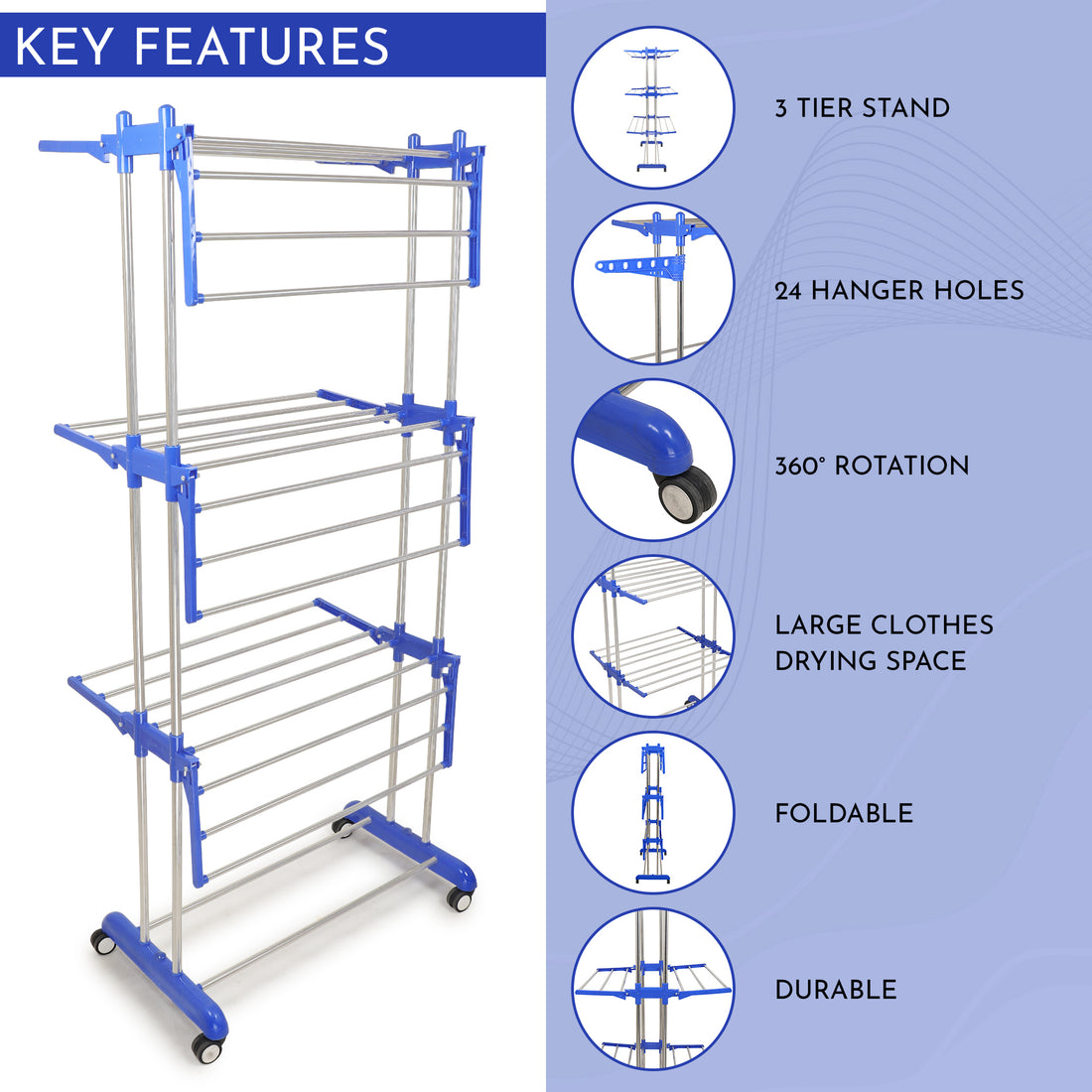 H Houseware Stainless Steel Double Pole 3 Layer Cloth Drying Stand for Balcony