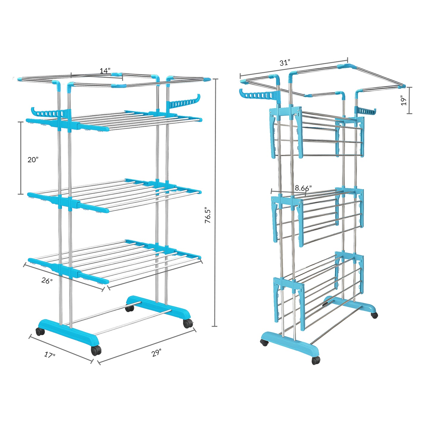 H Houseware Foldable Cloth Drying Stand Stainless Steel 4 Tier Heavy-Duty Clothes Dryer for Balcony, Indoor & Outdoor Use | with Wheels & Hanger Slots | Rust-Proof Laundry Rack (Blue)