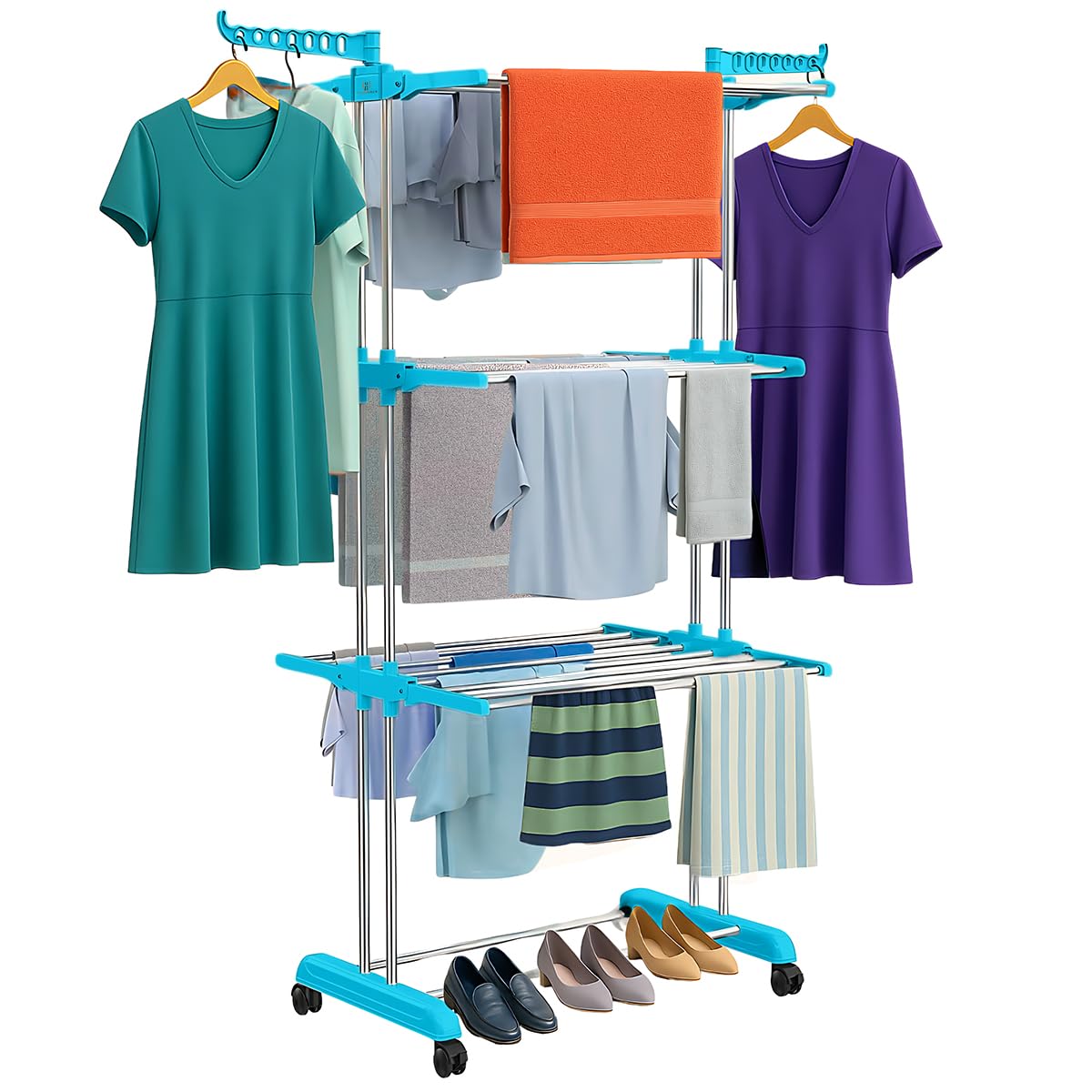 H Houseware Foldable Cloth Drying Stand Stainless Steel 3 Tier Heavy-Duty Clothes Dryer for Balcony Indoor & Outdoor Use with Wheels & Hanger Slots Rust-Proof (Blue)