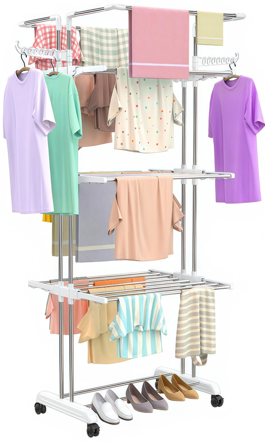 H Houseware Foldable Cloth Drying Stand Stainless Steel 4 Tier Heavy-Duty Clothes Dryer for Balcony, Indoor & Outdoor Use | with Wheels & Hanger Slots | Rust-Proof Laundry Rack (White)
