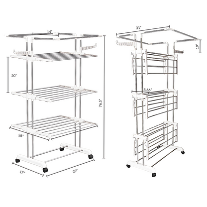 H Houseware Foldable Cloth Drying Stand Stainless Steel 4 Tier Heavy-Duty Clothes Dryer for Balcony, Indoor & Outdoor Use | with Wheels & Hanger Slots | Rust-Proof Laundry Rack (White)