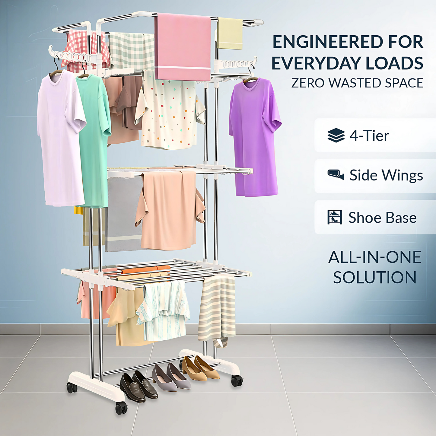 H Houseware Foldable Cloth Drying Stand Stainless Steel 4 Tier Heavy-Duty Clothes Dryer for Balcony, Indoor & Outdoor Use | with Wheels & Hanger Slots | Rust-Proof Laundry Rack (White)