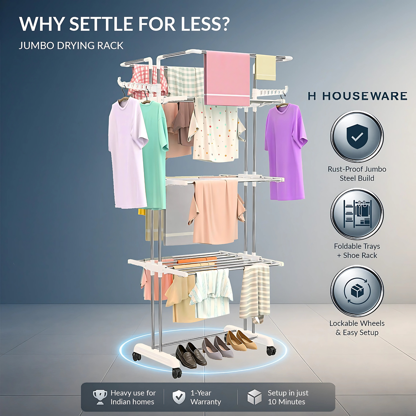 H Houseware Foldable Cloth Drying Stand Stainless Steel 4 Tier Heavy-Duty Clothes Dryer for Balcony, Indoor & Outdoor Use | with Wheels & Hanger Slots | Rust-Proof Laundry Rack (White)