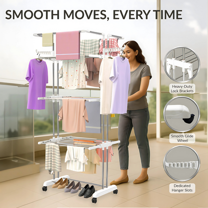 H Houseware Foldable Cloth Drying Stand Stainless Steel 4 Tier Heavy-Duty Clothes Dryer for Balcony, Indoor & Outdoor Use | with Wheels & Hanger Slots | Rust-Proof Laundry Rack (White)