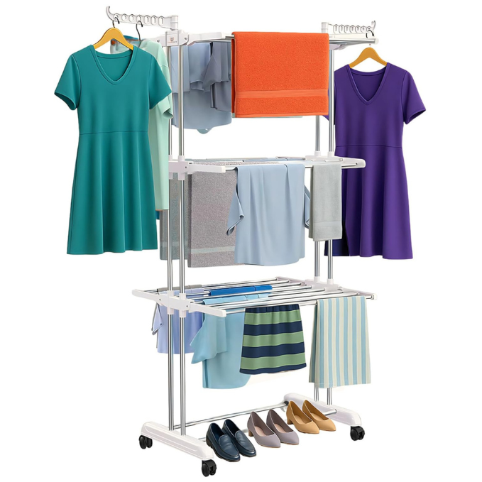 H Houseware Foldable Cloth Drying Stand Stainless Steel 3 Tier Heavy-Duty Clothes Dryer Indoor & Outdoor Use with Wheels & Hanger Slots Rust-Proof Laundry Rack (White)