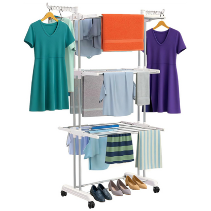 H Houseware Foldable Cloth Drying Stand Stainless Steel 3 Tier Heavy-Duty Clothes Dryer Indoor & Outdoor Use with Wheels & Hanger Slots Rust-Proof Laundry Rack (White)