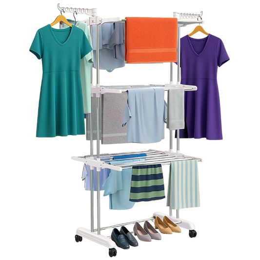 H Houseware Foldable Cloth Drying Stand Stainless Steel 3 Tier Heavy-Duty Clothes Dryer Indoor & Outdoor Use with Wheels & Hanger Slots Rust-Proof Laundry Rack (White)