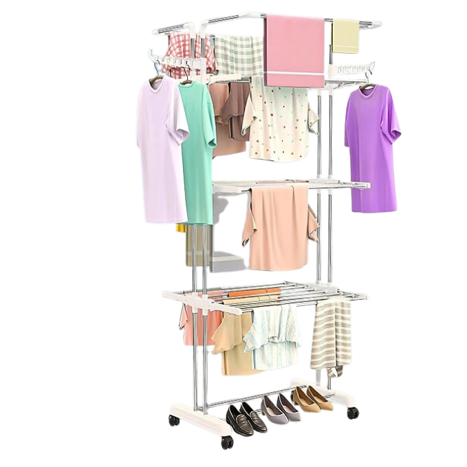 Heavy Duty Stainless Steel 4-Tier Cloth Drying Stand with Wheels | Rustproof & Portable Laundry Rack