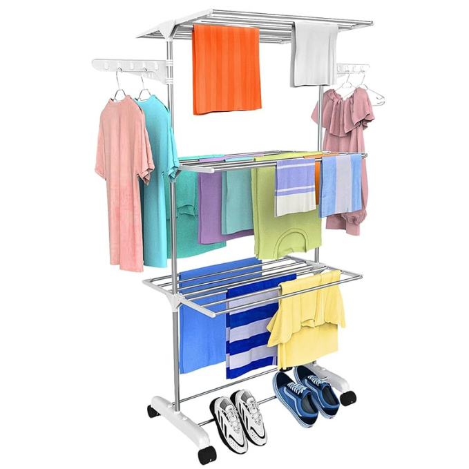 Single-Pole Stainless Steel 3-Tier Cloth Drying Stand with Wheels | Rustproof & Portable Laundry Rack (White)