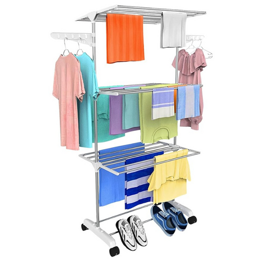 Single-Pole Stainless Steel 3-Tier Cloth Drying Stand with Wheels | Rustproof & Portable Laundry Rack (White)